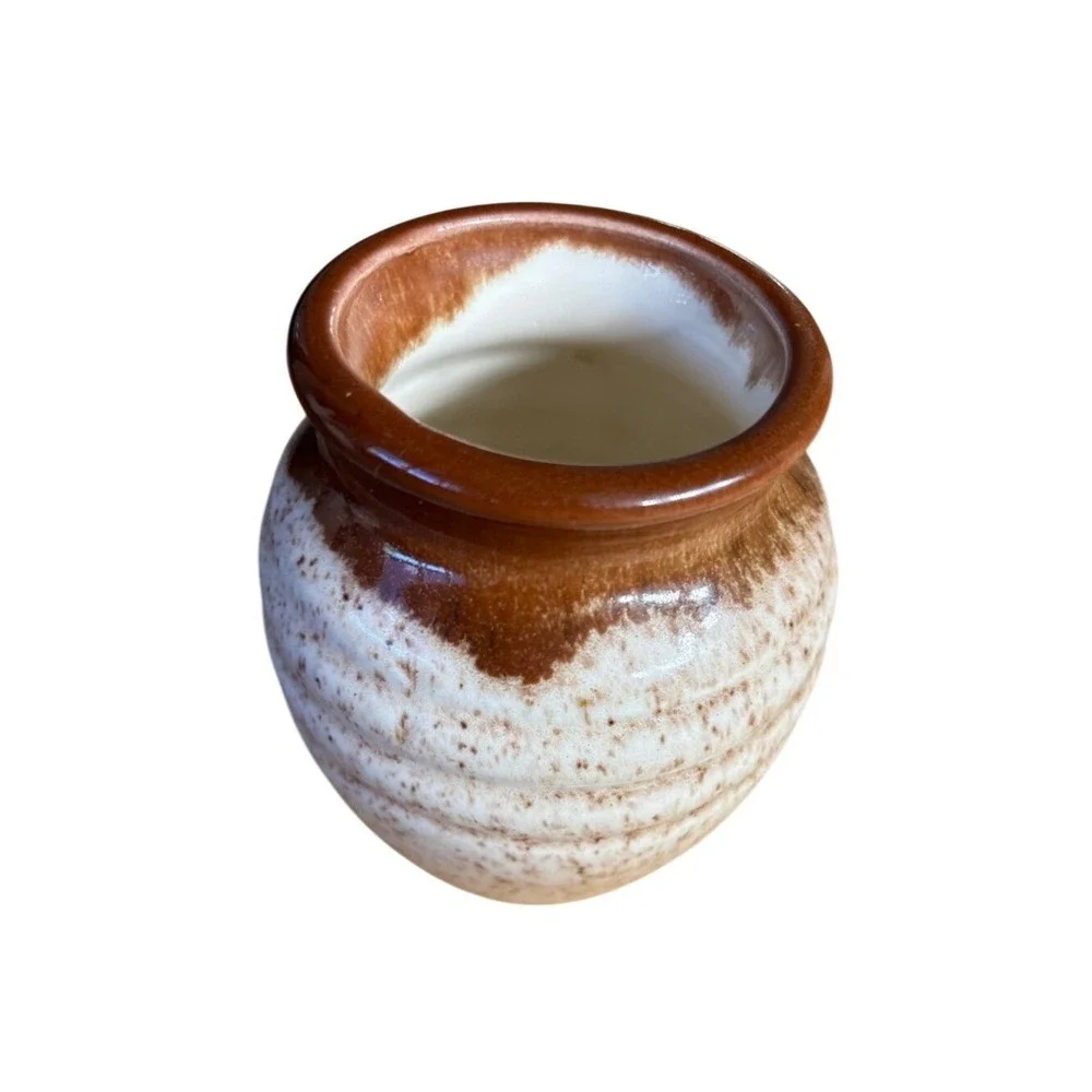 Vintage Handcrafted Speckled Ceramic Vase‎ Cream & Brown Rustic MCM 4.75